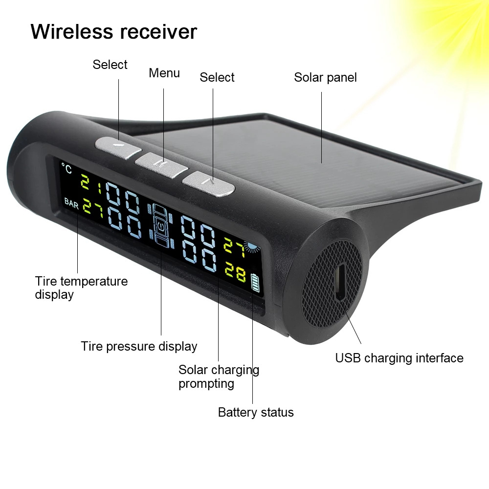 Car Accessories Solar Tpms Tyre Pressure Monitoring System With 4 External Sensors Digital Lcd Display Tire Diagnostic Kit