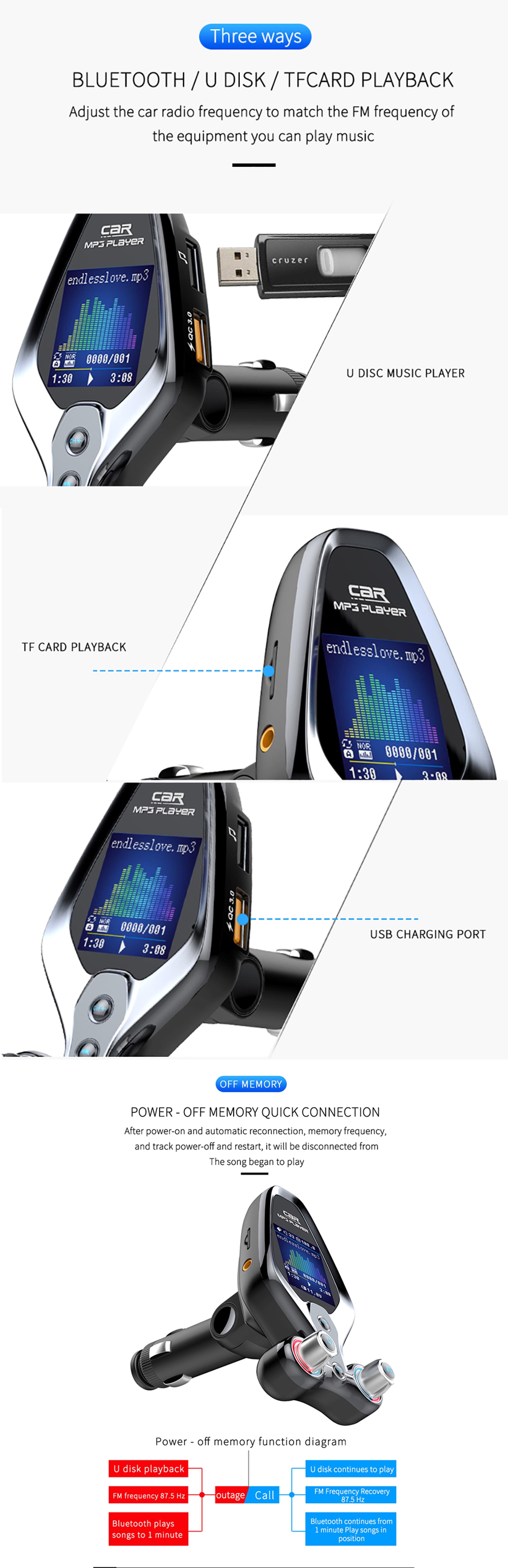 FM Modulator Transmitter BT 5.0 FM Radio QC3.0 USB Car Charger Hands Free Car Kit Wireless Auxiliary Audio FM Transmitter