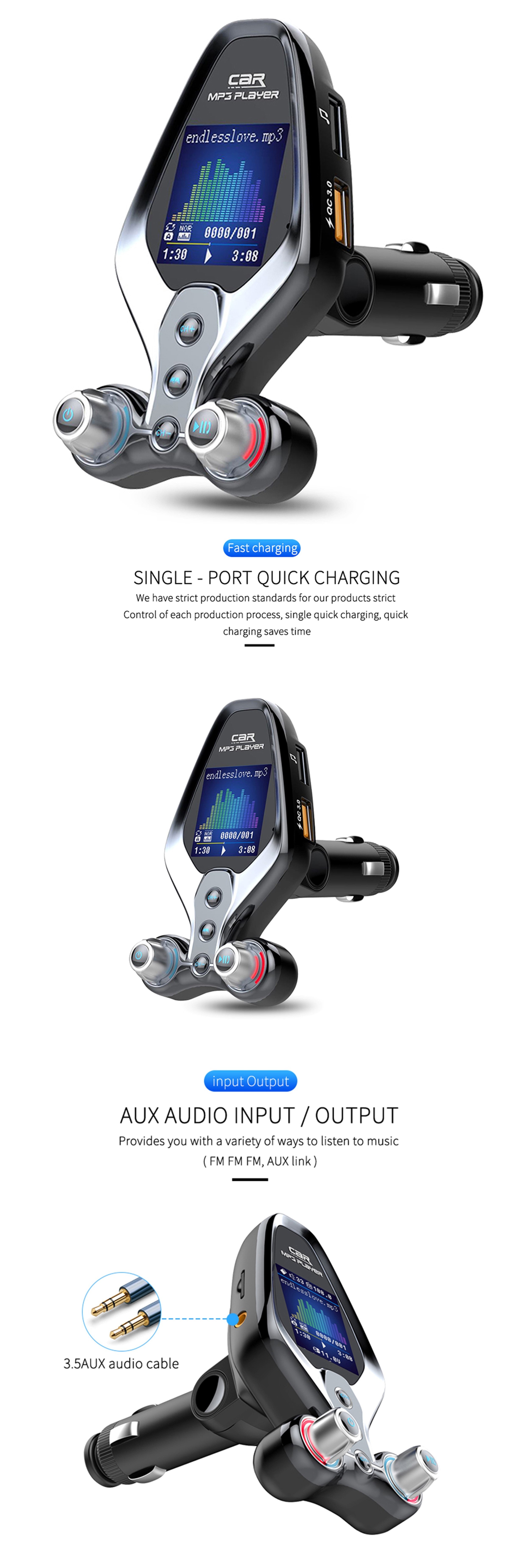 FM Modulator Transmitter BT 5.0 FM Radio QC3.0 USB Car Charger Hands Free Car Kit Wireless Auxiliary Audio FM Transmitter