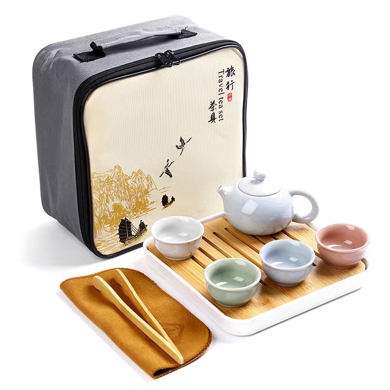 Travel ceramic kungfu tea set a pot with 4 cups customized tea cups ceramic portable tea pot set with gift box