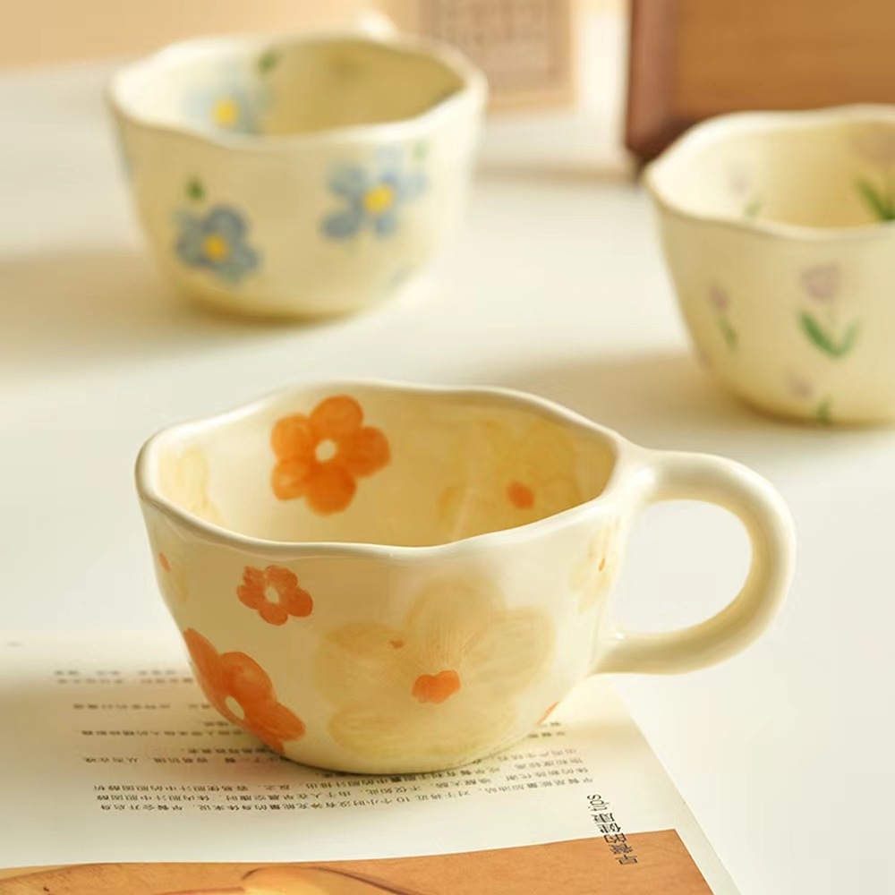 Nordic Creative Luxury Handmade Coffee Mugs Exquisite Bulk Ceramic Flowers Mug with Handle Home Accessories