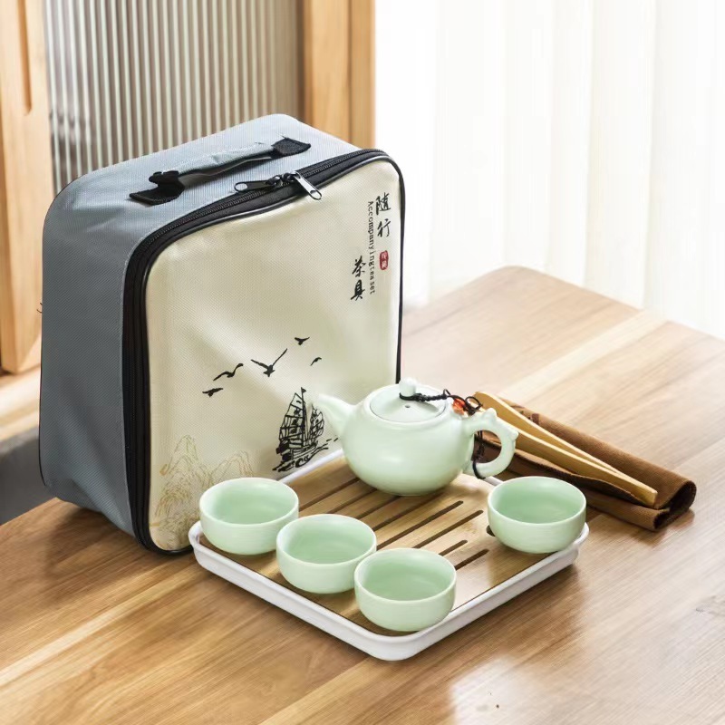 Travel ceramic kungfu tea set a pot with 4 cups customized tea cups ceramic portable tea pot set with gift box