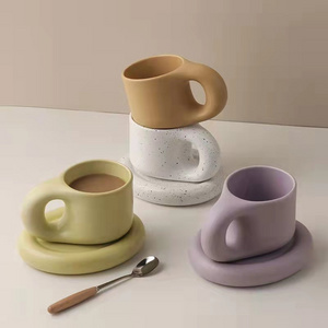 Nordic ceramic chubby cute coffee cup and saucer set unique design tea mug 270ml  custom fat ceramic mug for gift