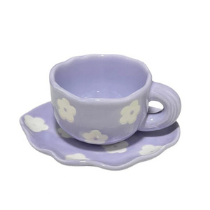 Ins retro handmade coffee cup and saucer set afternoon tea ceramic cups light luxury mug with irregular plate