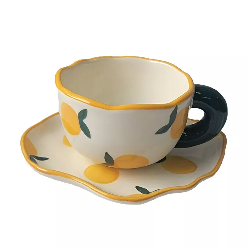 Ins retro handmade coffee cup and saucer set afternoon tea ceramic cups light luxury mug with irregular plate