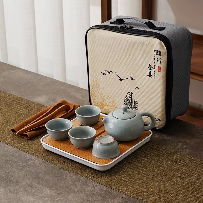 Travel ceramic kungfu tea set a pot with 4 cups customized tea cups ceramic portable tea pot set with gift box