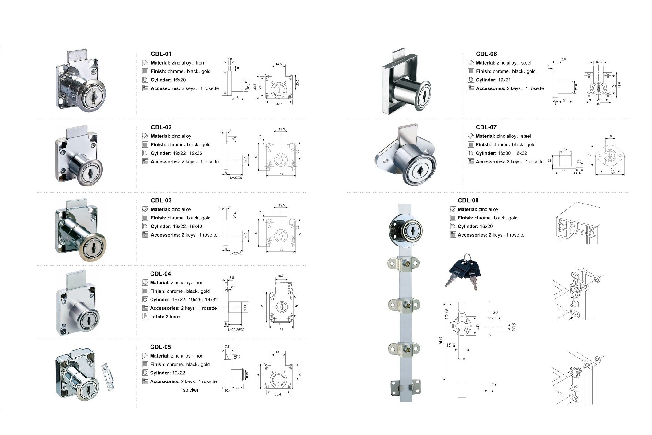 D19mm*L22mm Various Size Furniture Security Key Zinc Alloy or Iron Kitchen cabinet door furniture drawer locks 138