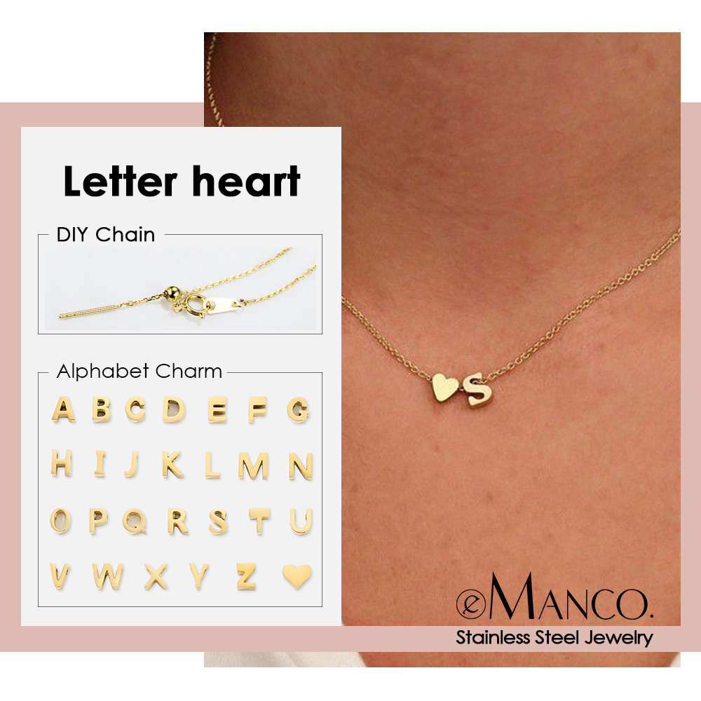 a-z 26 Initials Letter & Heart Pendant Necklace for Women Trendy Gold Plated Stainless Steel Necklace DIY Custom Chain Jewelry