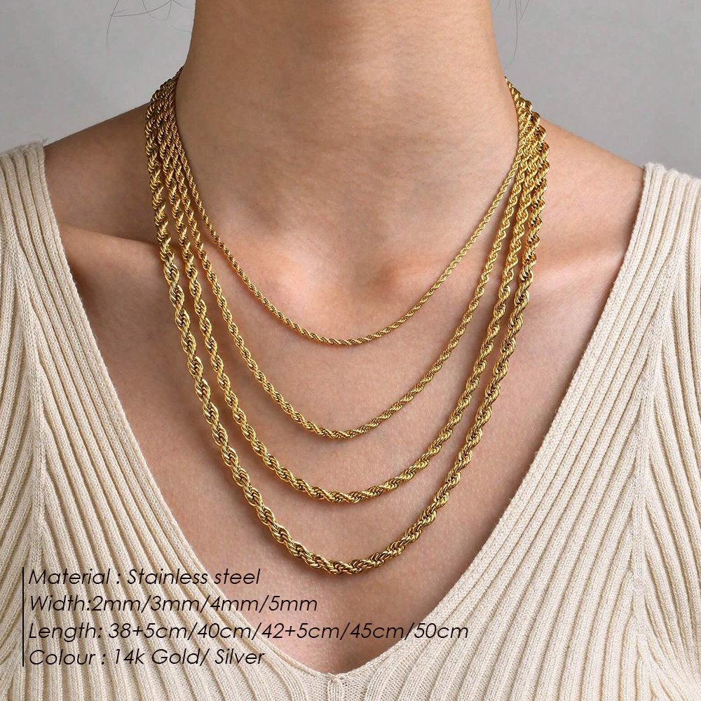 eManco 2MM/3MM/4MM/5MM Twisted Rope Chains Gold Plated Rope Link Chain Necklace for Men Women Stainless Steel Jewelry Wholesale