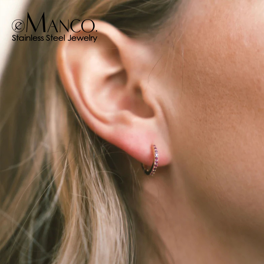 eManco Minimalist Huggie Hoop Earrings Stainless Steel Birthstone Earrings for Women Birthstone Rhinestone Round Circle Earrings