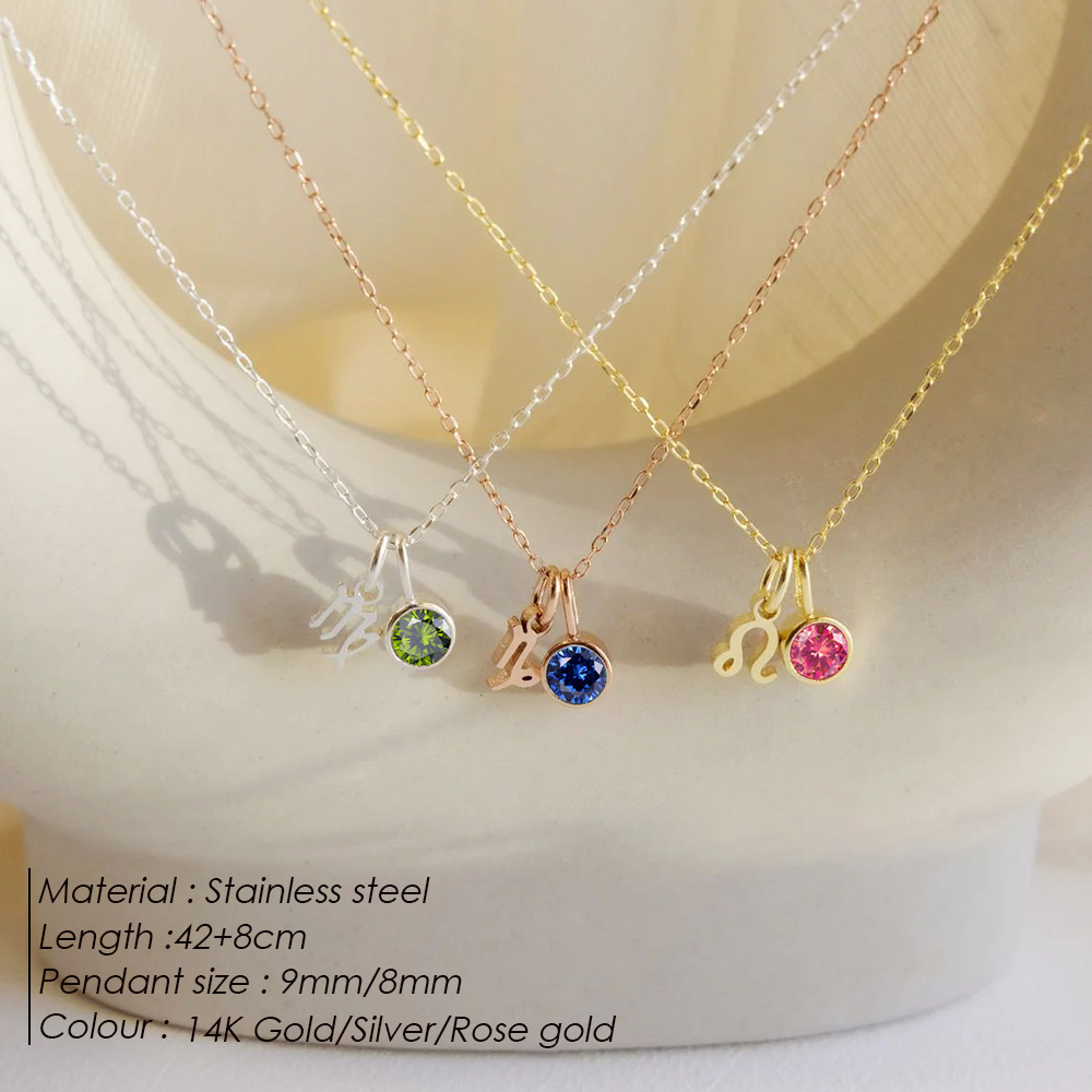 eManco Birthstone Constellation Double Pendant Necklace 12 Zirconia Stainless Steel Jewelry DIY Necklace Birthday Gift