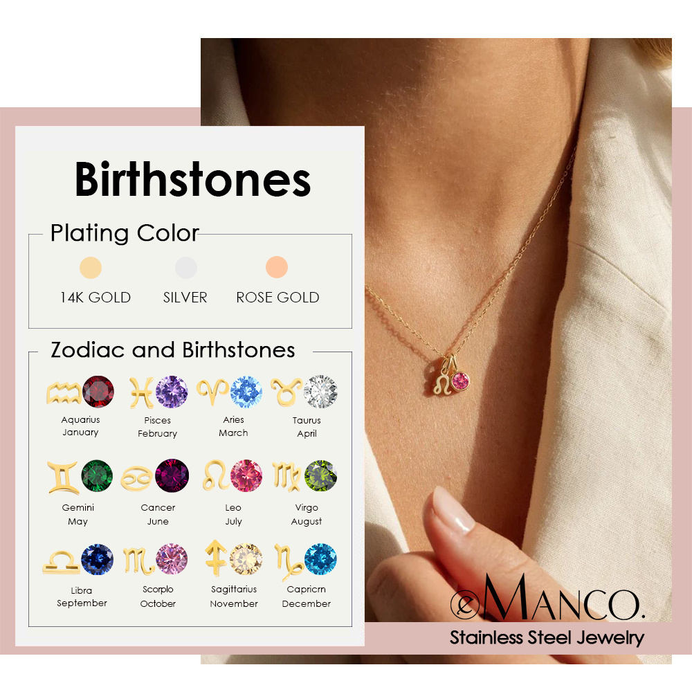 eManco Birthstone Constellation Double Pendant Necklace 12 Zirconia Stainless Steel Jewelry DIY Necklace Birthday Gift