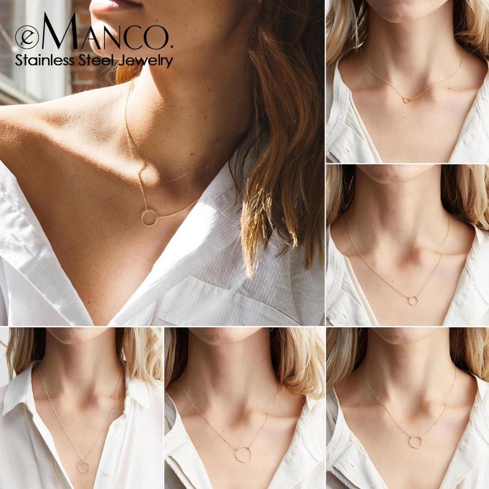 e-Manco Minimalist Choker Necklace Simple New Circle Stainless Steel Necklace for Women Round Circle Pendant Necklace