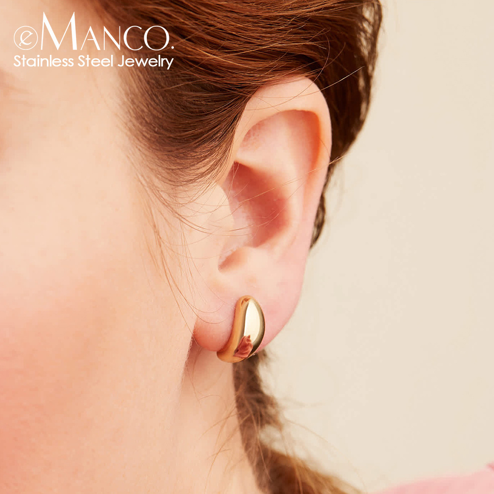 eManco Gold Color Simple Women Chunky Hoops Earrings Gift Fashion Jewelry Stainless Wives Round Smooth Thick Hoop