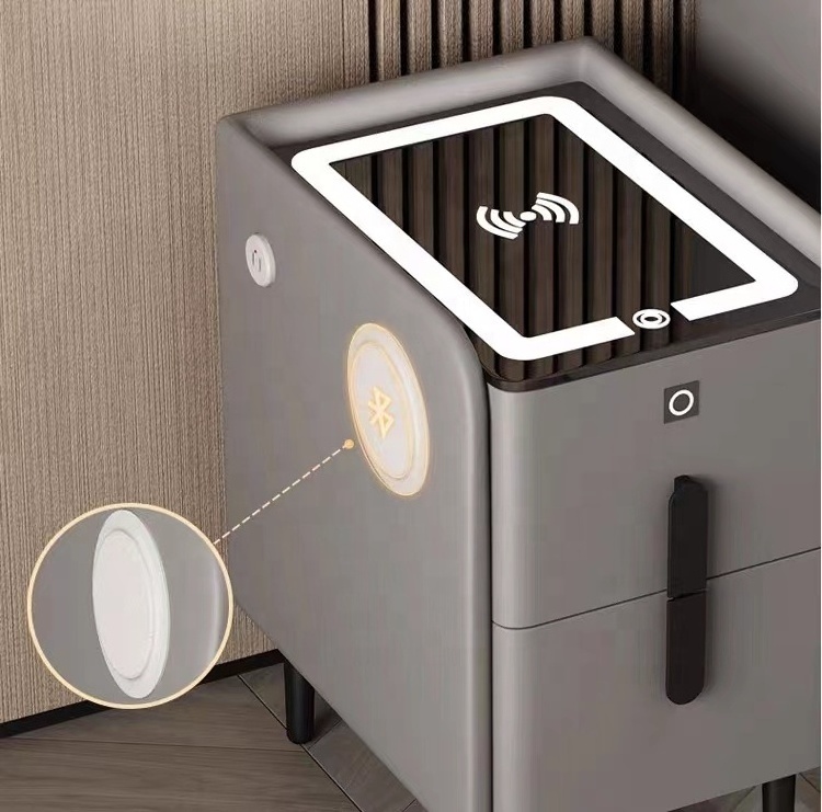 Modern high-tech smart mini bedroom home light luxury nightstand with wireless charging fingerprint sensor locks multi-function.