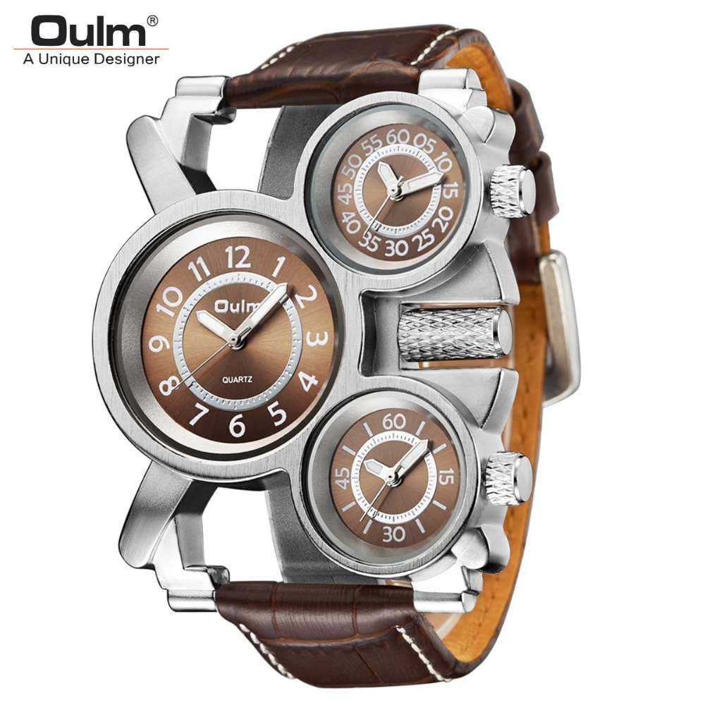 Oulm HP1167 Casual Leather Watches for Men 3 Time Zone Outdoor Travel Sport Watch Male Quartz Clock Luxury Brand Wristwatch