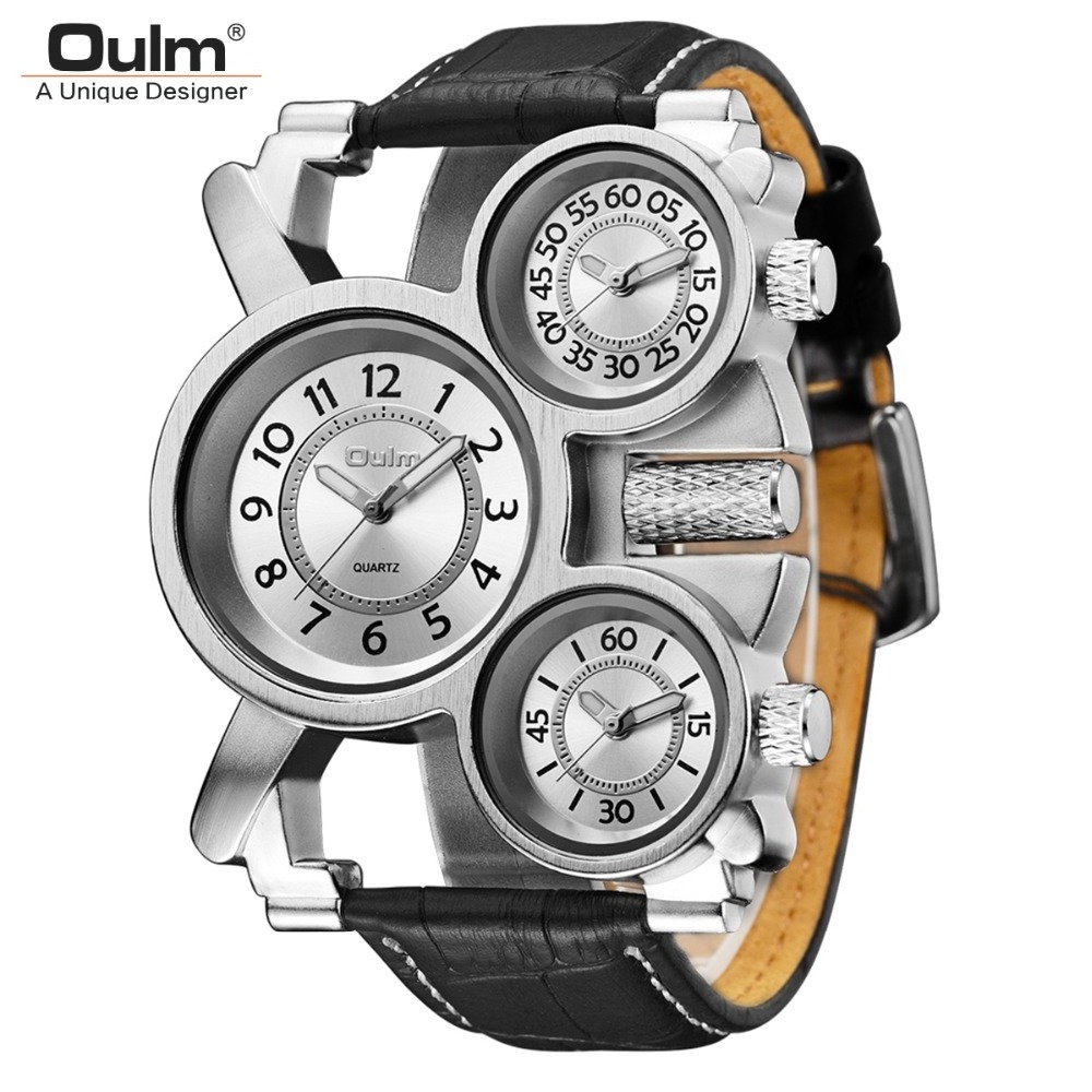 Oulm HP1167 Casual Leather Watches for Men 3 Time Zone Outdoor Travel Sport Watch Male Quartz Clock Luxury Brand Wristwatch