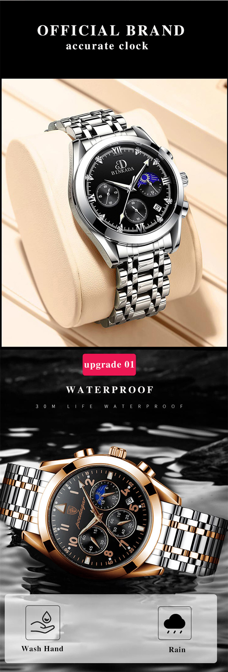 POEDAGAR 816 Men Watches Stainless Steel 2021 Fashion New Rose Gold Wristwatch Waterproof Luminous Quartz Watches