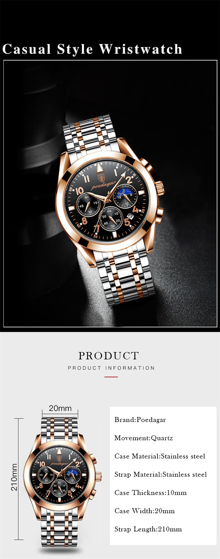 POEDAGAR 816 Men Watches Stainless Steel 2021 Fashion New Rose Gold Wristwatch Waterproof Luminous Quartz Watches