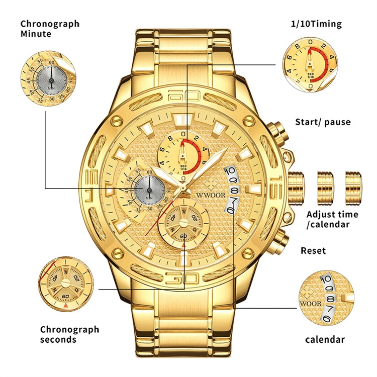 wwoor 8879 men watches chronograph New Men Watches Gold Stainless Steel Quartz Watch Men Waterproof Sport Chronograph 2021