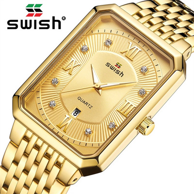 SWISH watch 0118 fashion Golden Watches Men Top Brand Designer Quartz Wristwatches Creative Rectangle Diamond Watch Waterproof