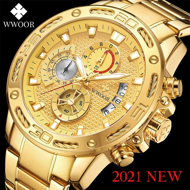 wwoor 8879 men watches chronograph New Men Watches Gold Stainless Steel Quartz Watch Men Waterproof Sport Chronograph 2021