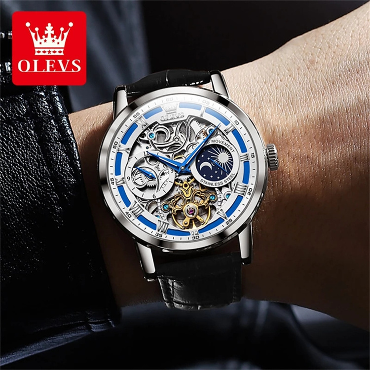 OLEVS 6670 Men Automatic Mechanical Watches Hollow Design Waterproof Sport Watch Men Leather Luminous Tourbillon Clock