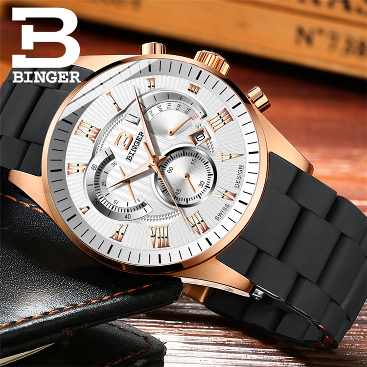 BINGER 1123 Men's Quartz  Watch Men Chronograph Top Brand fashion Watch Binger Round Steel Water Resistant binger orologi