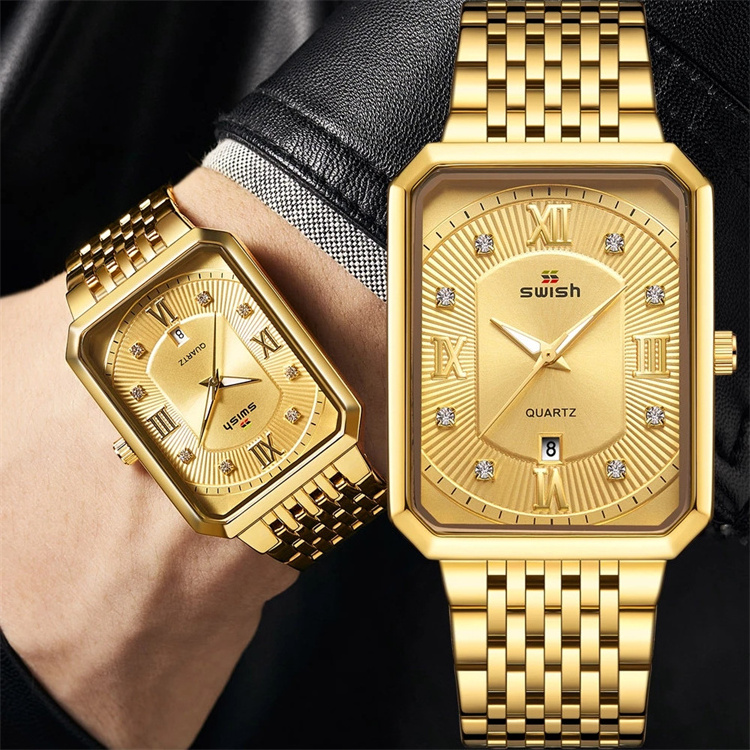 SWISH watch 0118 fashion Golden Watches Men Top Brand Designer Quartz Wristwatches Creative Rectangle Diamond Watch Waterproof