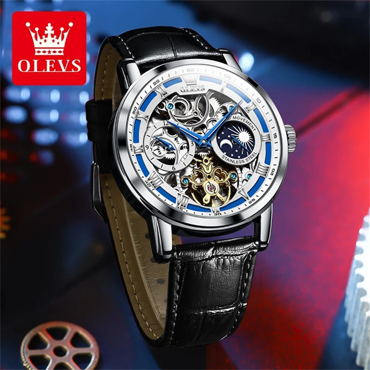 OLEVS 6670 Men Automatic Mechanical Watches Hollow Design Waterproof Sport Watch Men Leather Luminous Tourbillon Clock