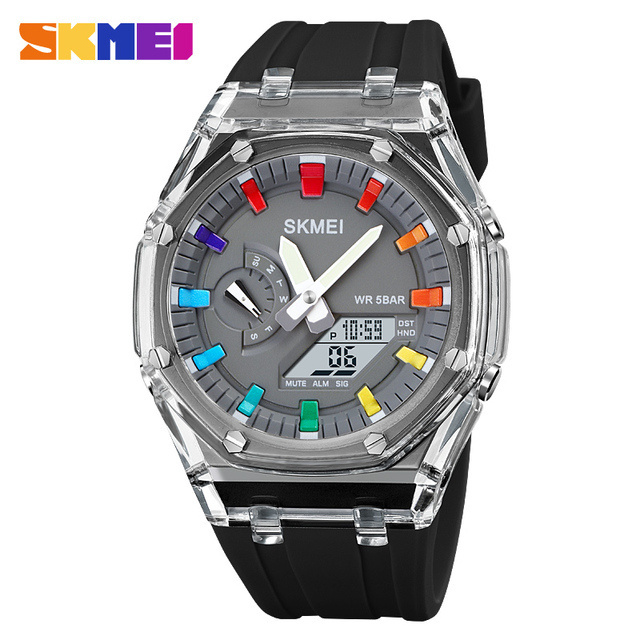 SKMEI  2100 Waterproof Men Watch Countdown Stopwatch Led Light Electronic Movement Wristwatch 5Alarm Clock 2 Time Digital Watch