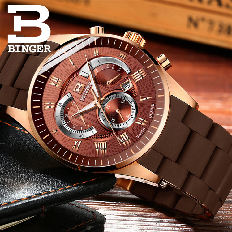 BINGER 1123 Men's Quartz  Watch Men Chronograph Top Brand fashion Watch Binger Round Steel Water Resistant binger orologi