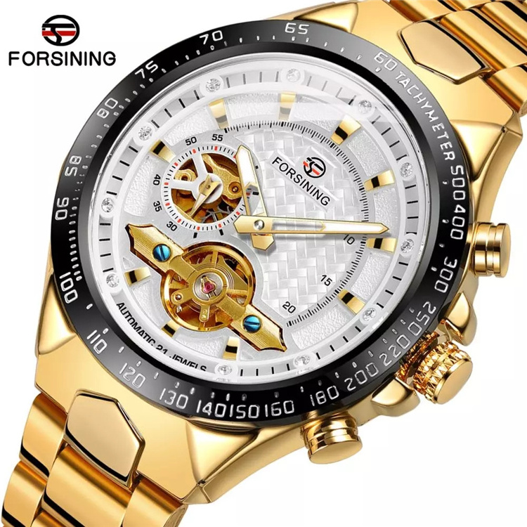 Forsining FSG8204M4T classic fashion white gold creative knight pointer steel belt men's automatic mechanical watch