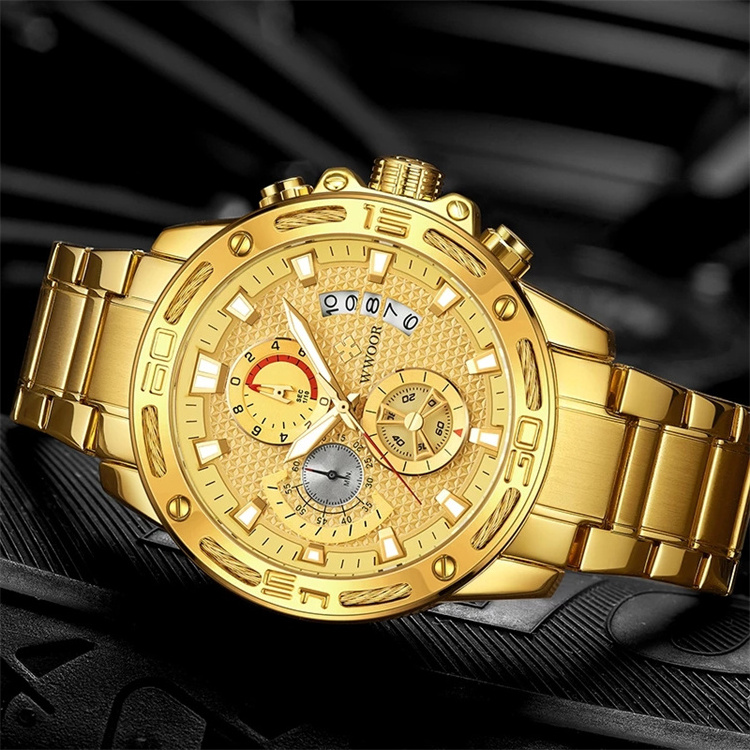 wwoor 8879 men watches chronograph New Men Watches Gold Stainless Steel Quartz Watch Men Waterproof Sport Chronograph 2021