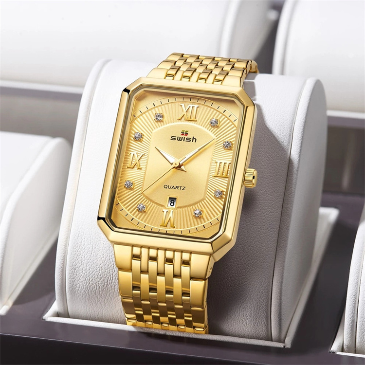 SWISH watch 0118 fashion Golden Watches Men Top Brand Designer Quartz Wristwatches Creative Rectangle Diamond Watch Waterproof