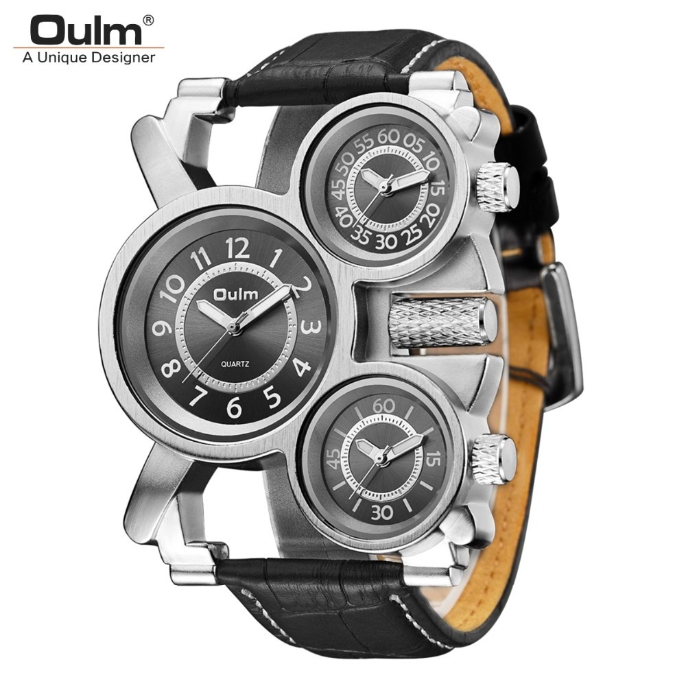 Oulm HP1167 Casual Leather Watches for Men 3 Time Zone Outdoor Travel Sport Watch Male Quartz Clock Luxury Brand Wristwatch