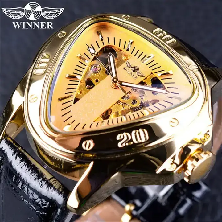 Winner Forsining 052G Golden Triangle Skeleton Watch for Men Mechanical Wristwatches Irregular Automatic Stainless Steel Strap