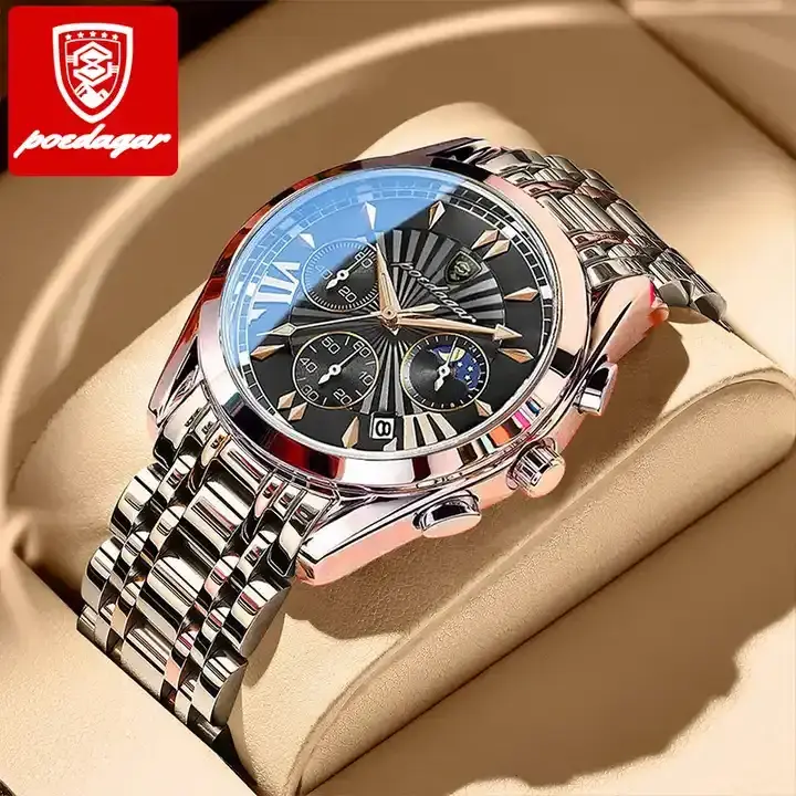 POEDAGAR 6198 Stainless Steel Luxury Watch Reloj Business Waterproof Male Clock Luminous Date Stainless Steel Quartz Men Watch