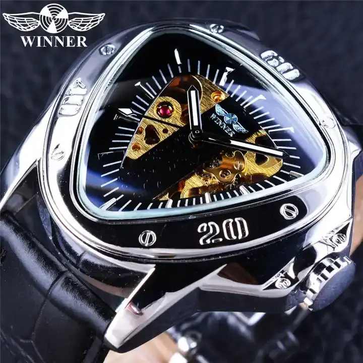 Winner Forsining 052G Golden Triangle Skeleton Watch for Men Mechanical Wristwatches Irregular Automatic Stainless Steel Strap