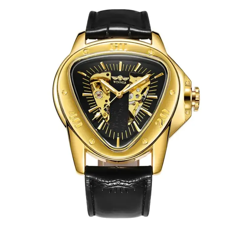 Winner Forsining 052G Golden Triangle Skeleton Watch for Men Mechanical Wristwatches Irregular Automatic Stainless Steel Strap