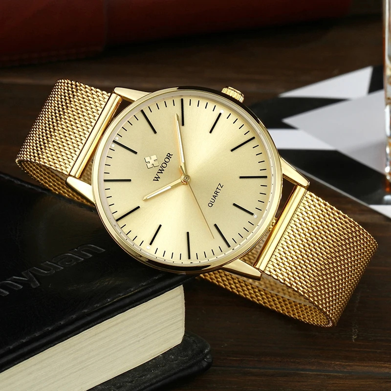 Wwoor 8832 Reloj Relogio Round Big Dial Gold Color Simple Top Quality Business Quartz Man Wrist Watch Charm Mesh Steel Watches