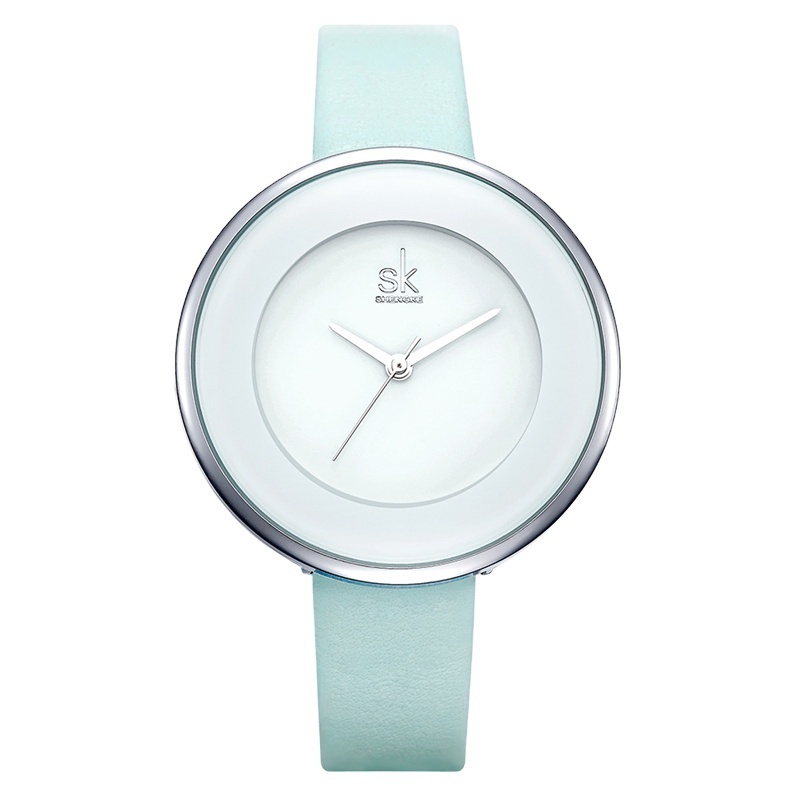 SHENGKE K0084 New Skyblue Leather Strap Buckle Women Watches 38 MM Big Top Brand Simple Dial Quartz Luxury Ladies Watch