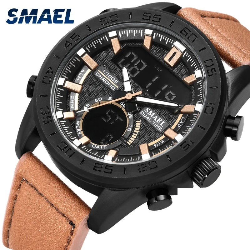 Smael 1407 Men Genuine Leather Belt Japan Digital Watch Analog Luxury LED Display Sport Watches For Men