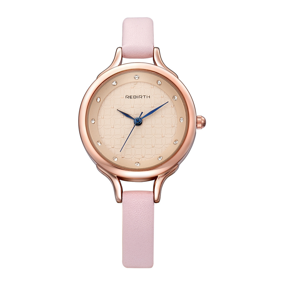 REBIRTH RE067 Hot Stone Quartz Watch Women Rose Gold Case Thin Leather Strap Watches Blue Analog Watches Women