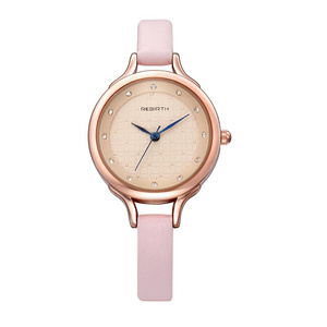 REBIRTH RE067 Hot Stone Quartz Watch Women Rose Gold Case Thin Leather Strap Watches Blue Analog Watches Women