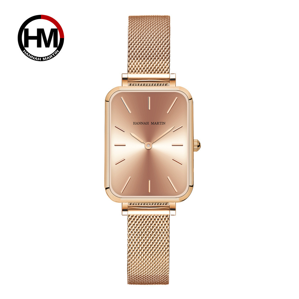 Hannah Martin 1241 Rectangle Ultrathin Nordic Japan Quartz Movement Fashion Mesh Silvery Bracelet Belt Hardlex Ladies Watches