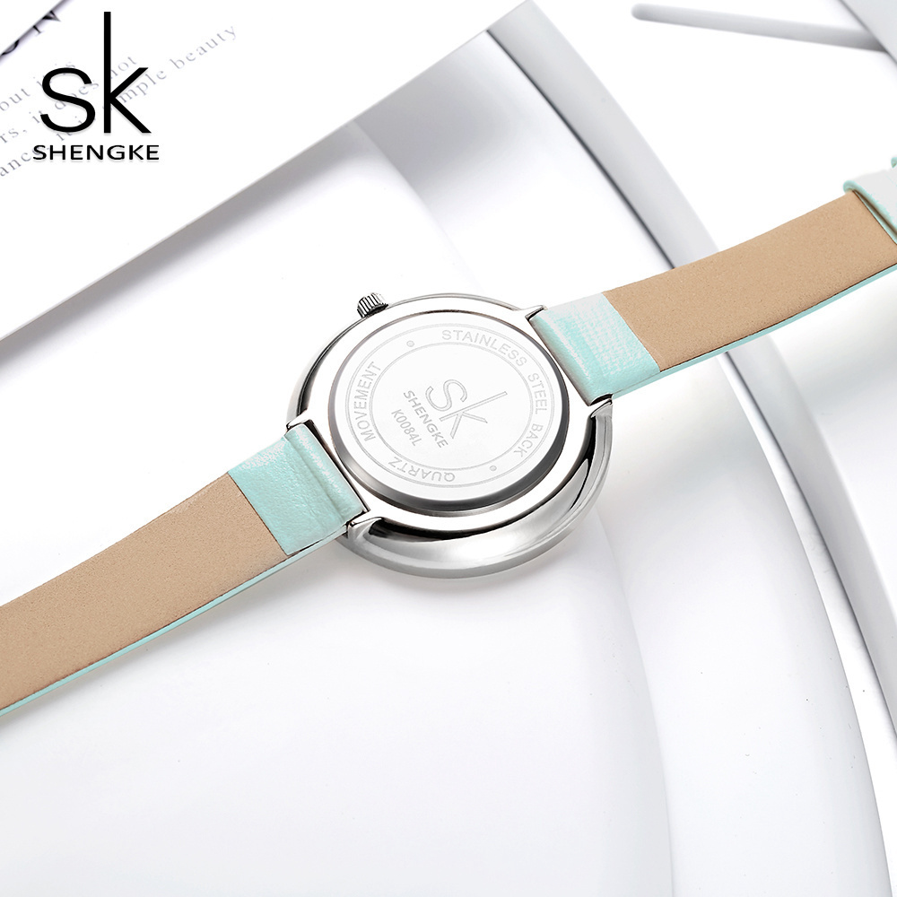 SHENGKE K0084 New Skyblue Leather Strap Buckle Women Watches 38 MM Big Top Brand Simple Dial Quartz Luxury Ladies Watch