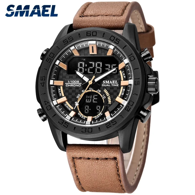 Smael 1407 Men Genuine Leather Belt Japan Digital Watch Analog Luxury LED Display Sport Watches For Men