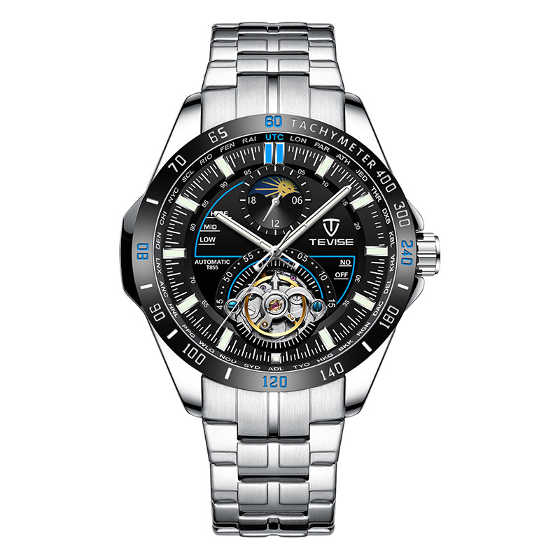 TEVISE t855 Men Business Automatic Mechanical Watches Sun Moon Phase Display Stainless Steel Cool Watch