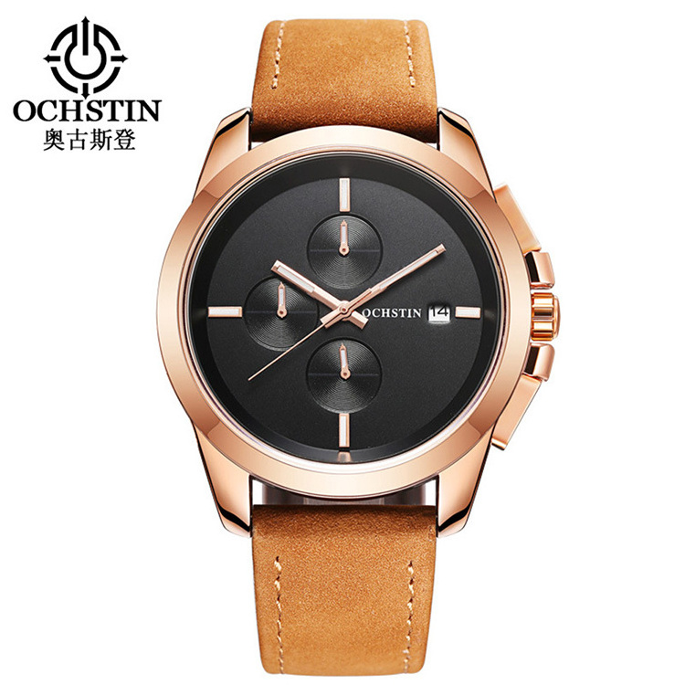 OCHSTIN AGQ059A Leather Watch Cuff Simple Display Analog Quartz Luxury Steel Case Day Watch For Men